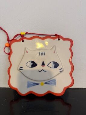 The Land of Nod Ceramic Cat Wall Plaque - White and Red Trim